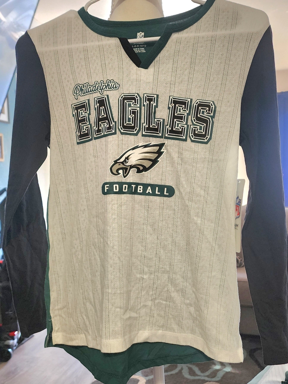 NFL Philadelphia Eagles Long-Sleeve Team Shirt - White & Green Sz LRG 10-12 NWT